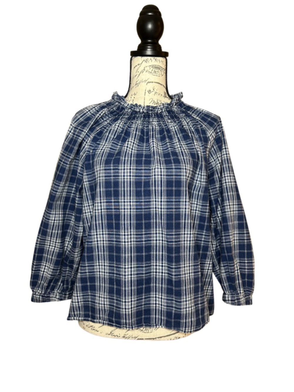 J. Crew Size Small Plaid Smocked Ruffleneck Blouse in the Ansley Blue Wash Color